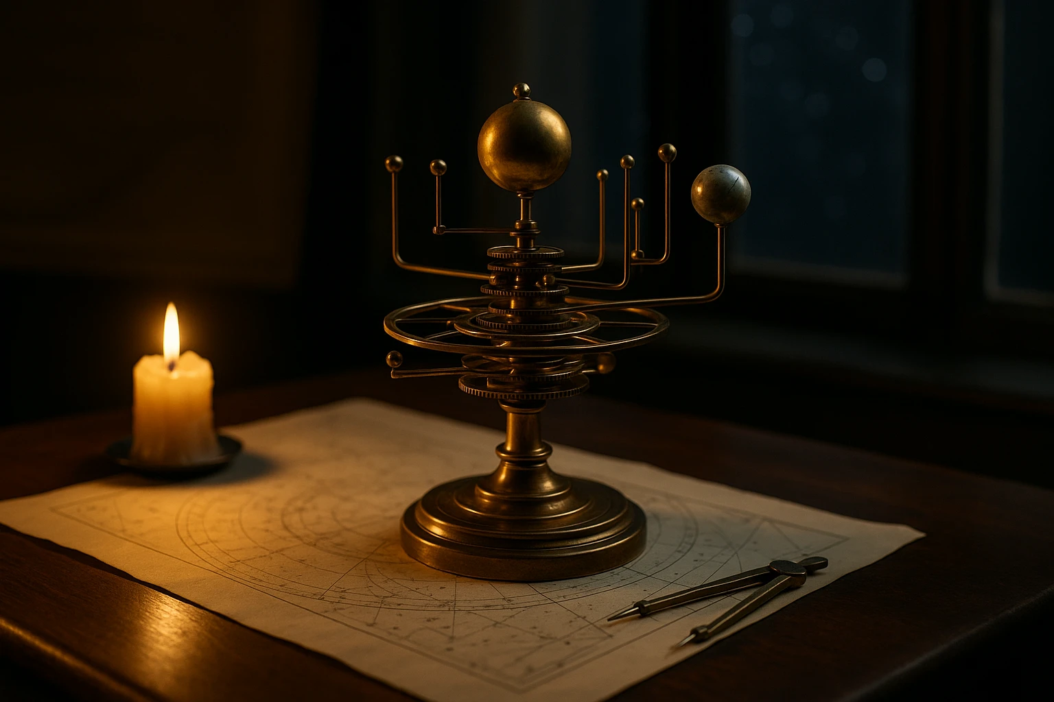 A brass orrery and folded star chart lit by a single candle, a drafting compass resting beside them on a dark wood table