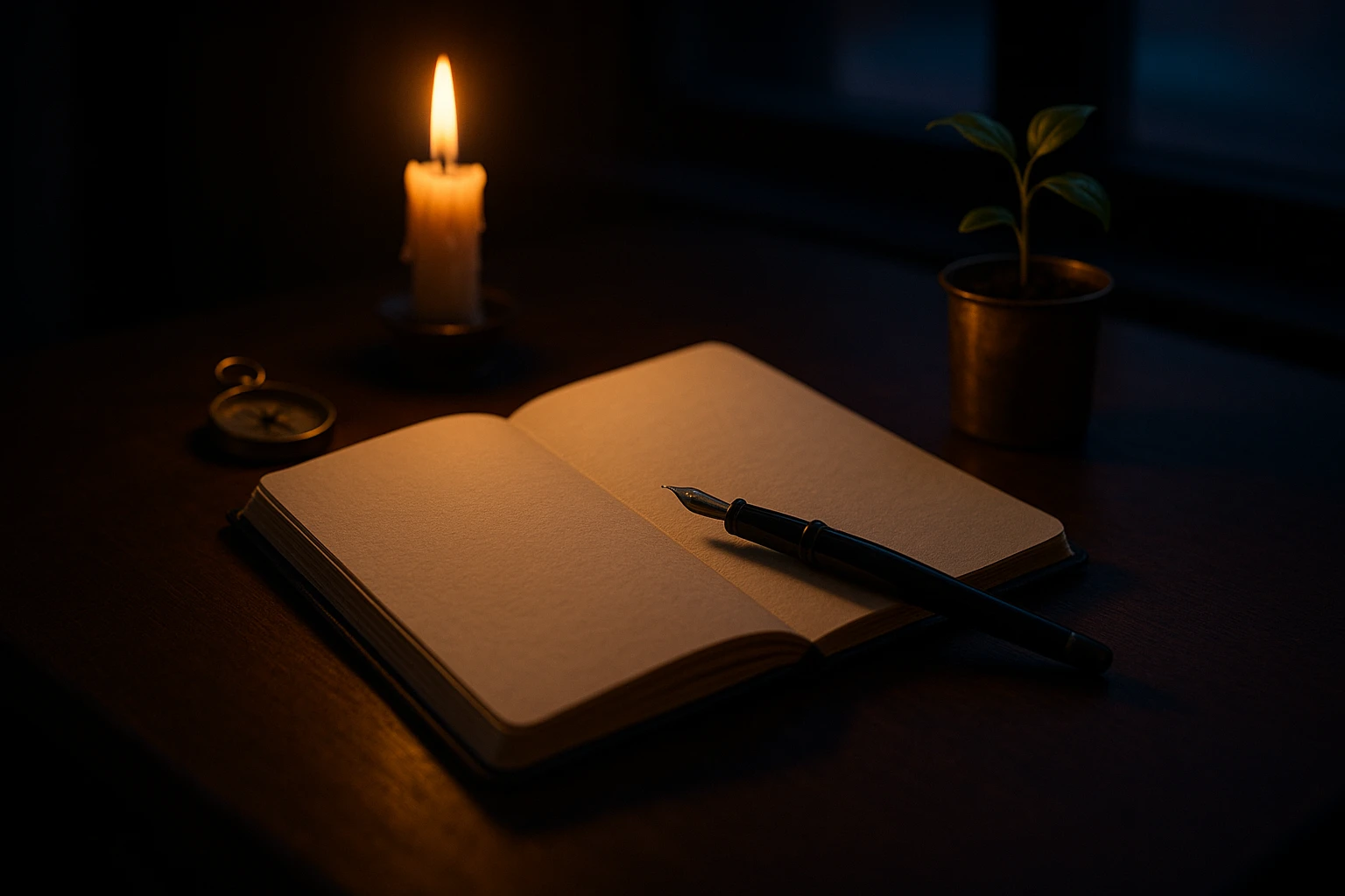 An open journal with a fountain pen resting on its blank pages, a lit candle and a small potted seedling nearby on a dark desk