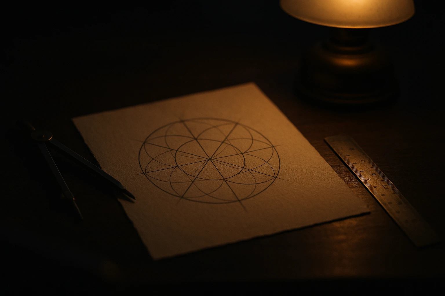 A hand-drawn geometric grid of overlapping circles on paper, lit by a desk lamp, with a drafting compass and ruler beside it