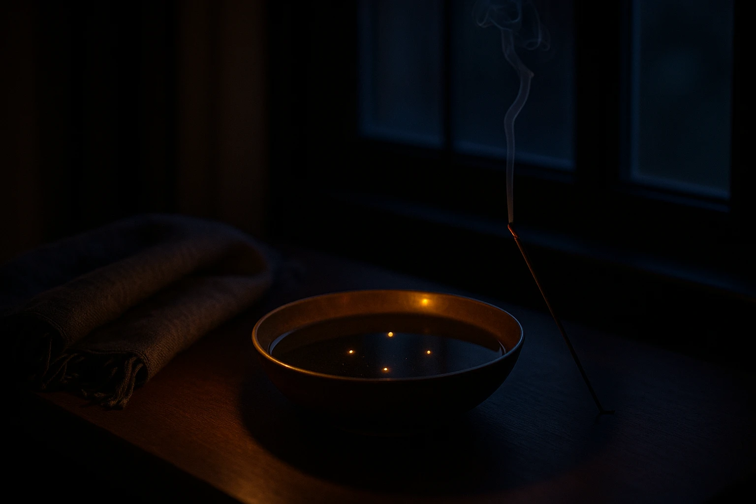 A still bronze bowl of water reflecting warm points of light, with a thread of incense smoke rising beside it near a dark window