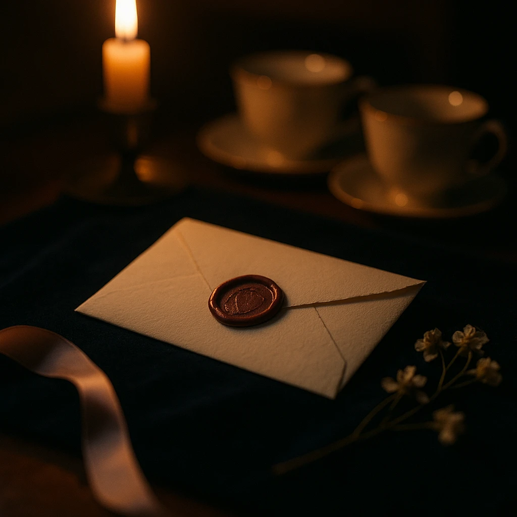 A sealed envelope woven from golden light with a glowing wax seal, hovering against a deep navy-plum starry sky