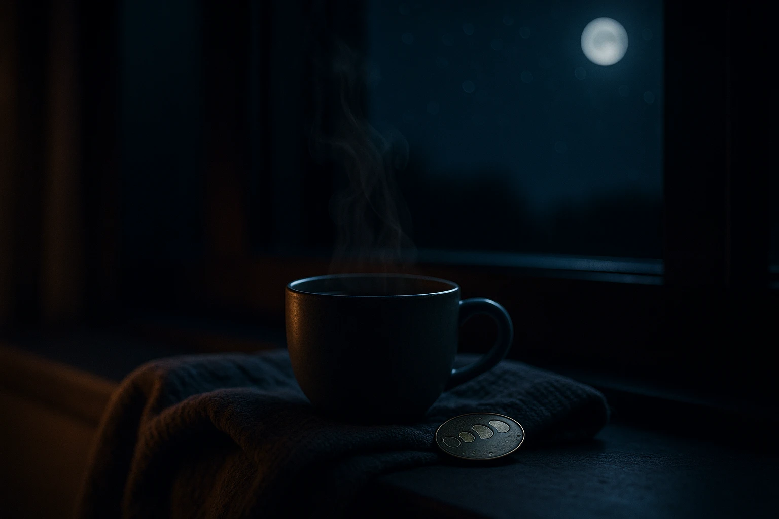 A steaming cup on a balcony railing before an enormous luminous moon over a sleeping city